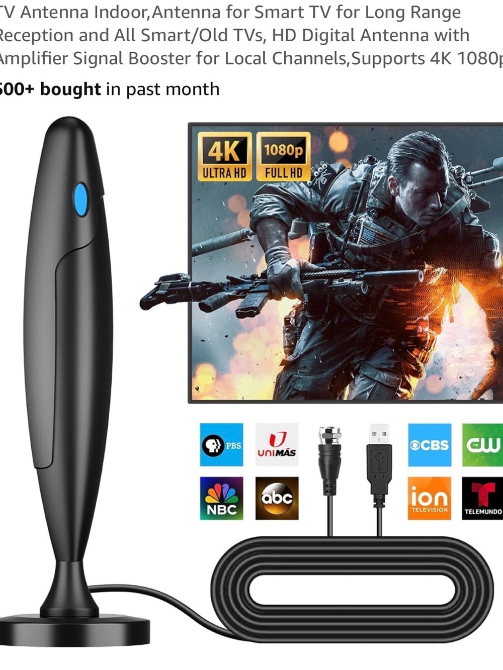 Indoor/Outdoor Digital HDTV Antenna 4K 1080P Black